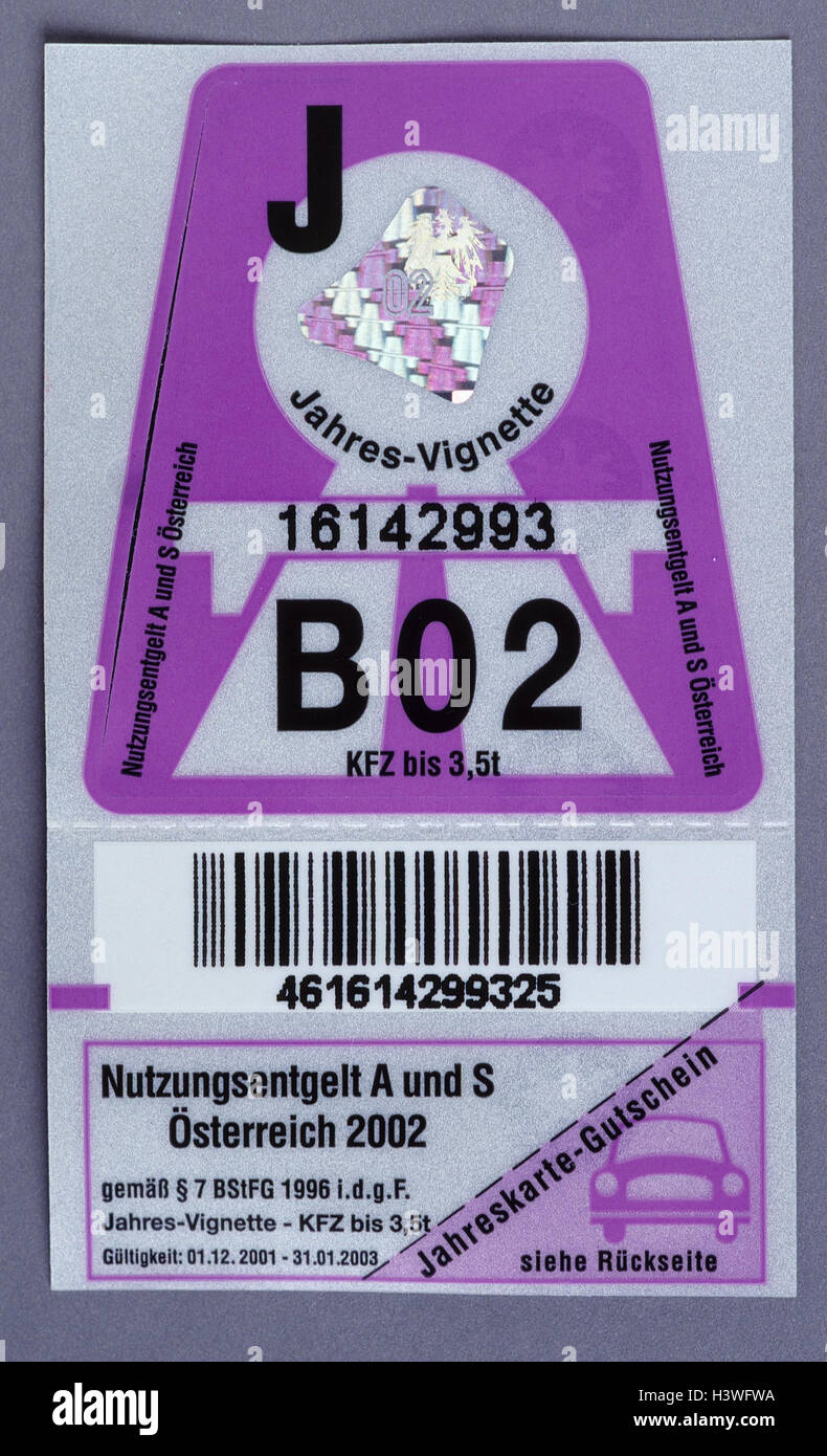 Autobahn-tax sticker, annual autobahn-tax sticker, Austria, product photography, autobahn-tax sticker, Austrian autobahn-tax sticker, toll, street use, traffic sale, control figures, in 2002 Stock Photo