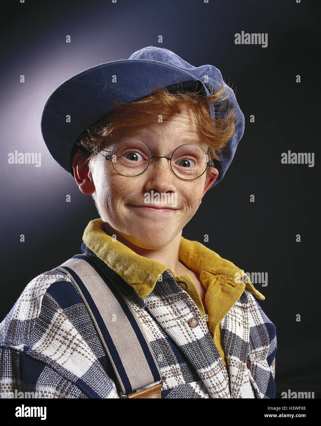 Boy Red Haired Glasses Sign Cap Facial Play Portrait Child