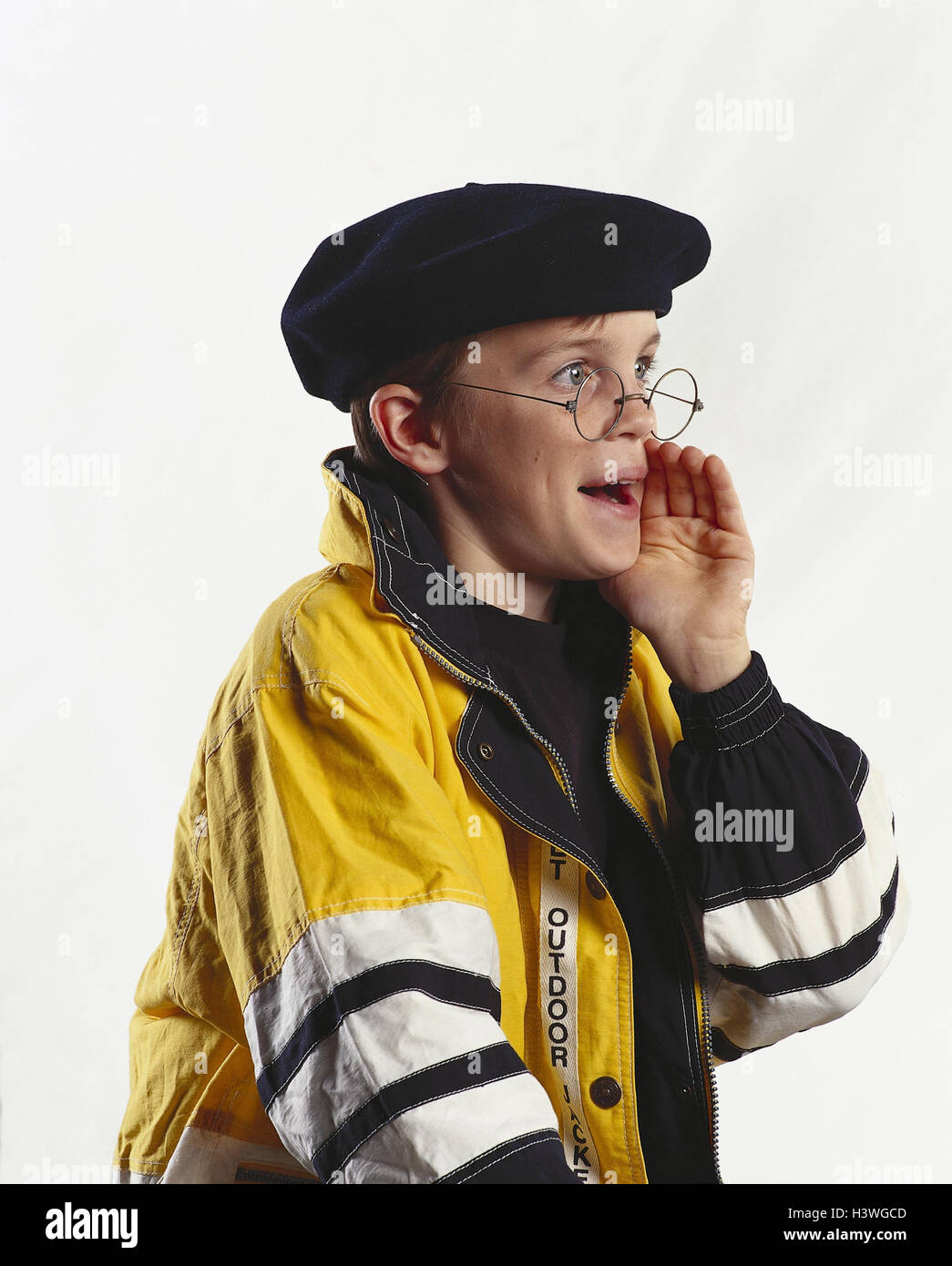 Boy, beret, glasses, gesture, call, portrait, mb 141 A5 Stock Photo Alamy