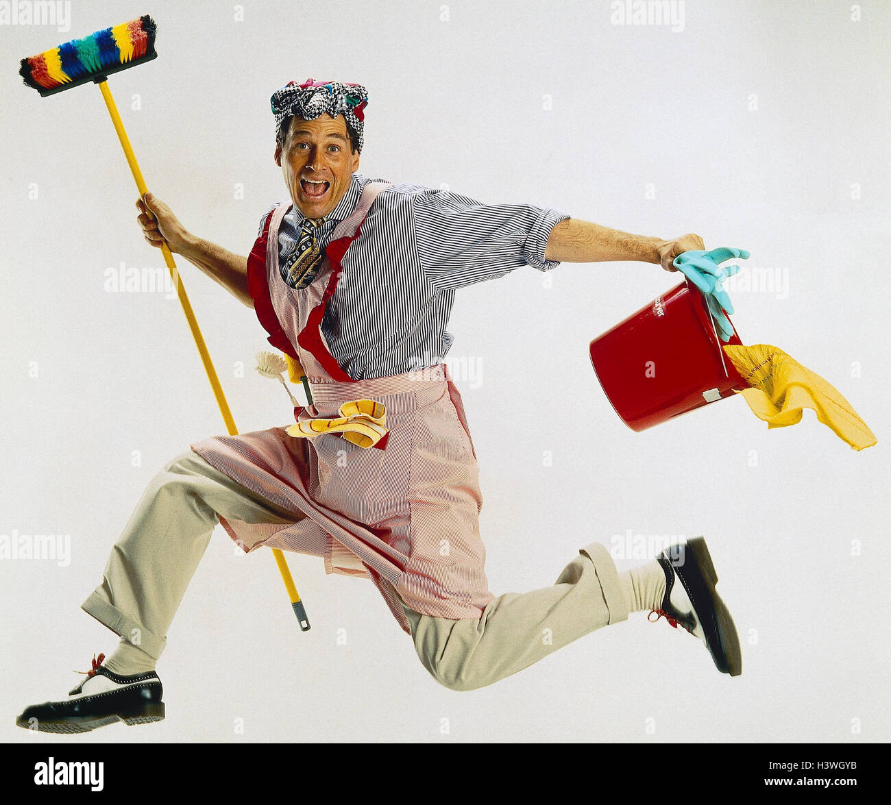 Househusband, cleaning bucket, broom, gesture, man, cleaning implements