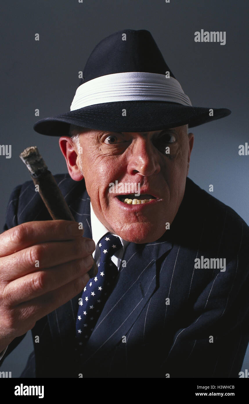 Man, care, cigar, facial play, menacingly, half portrait, boss, mafioso, crook, pinstripe suit, nicotine, aggressively, aggression, threaten, threat, nastily, inside, studio, portrait, Stock Photo