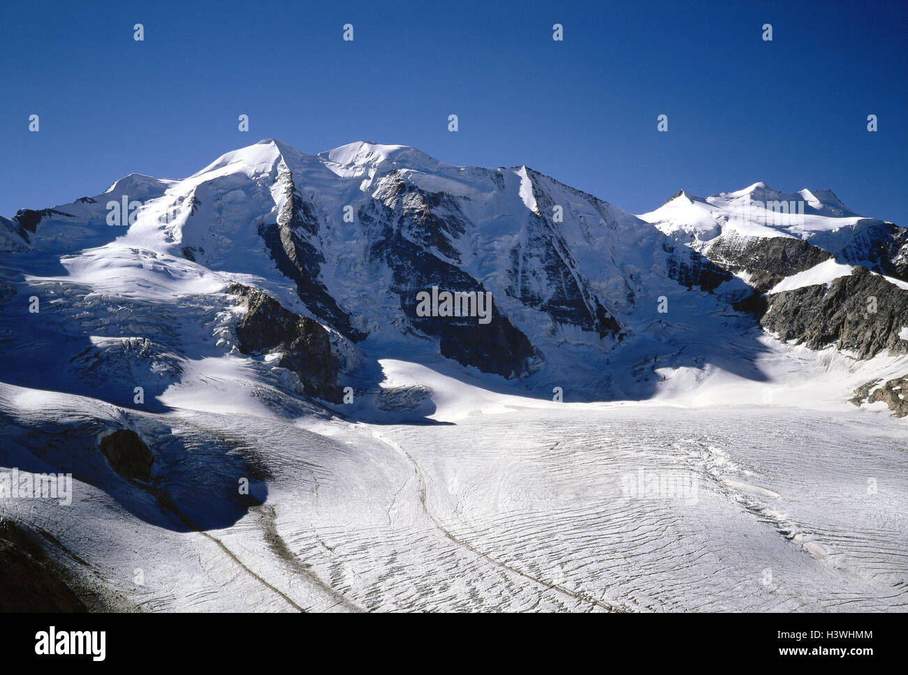 Switzerland, the Engadine, Pers glacier, Piz Palü, 3905 m, Bellavista, 3922 m, on the right mountain landscape, from Diavolezza, 2973 m from, mountainous region, mountains, mountains, glaciers, mountaintops, summits, snowy Stock Photo