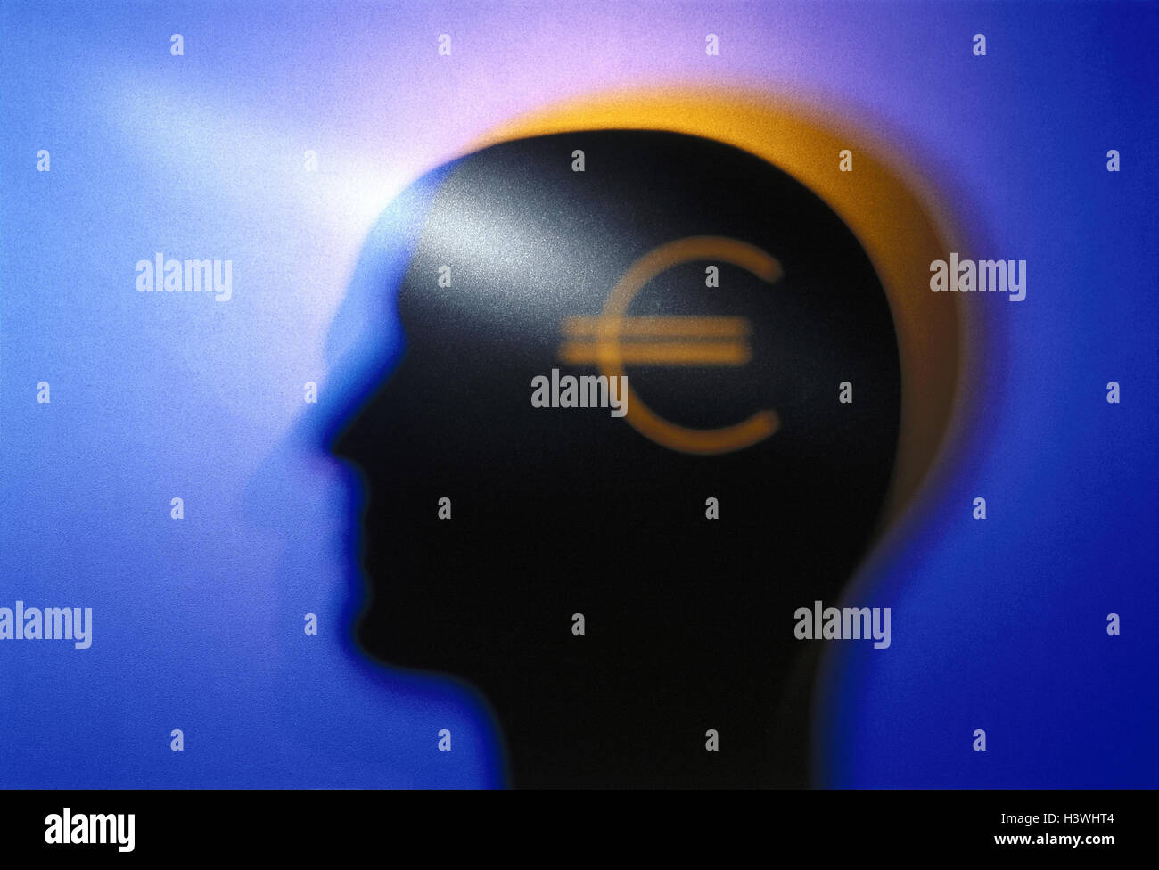 Silhouette, head, currency figure, euro, Composing, icon, rethink icon, think, thoughts, consider, think, conversion, changeover, politics, European monetary union, the EU, single currency, currency unit, Europe, blur Stock Photo