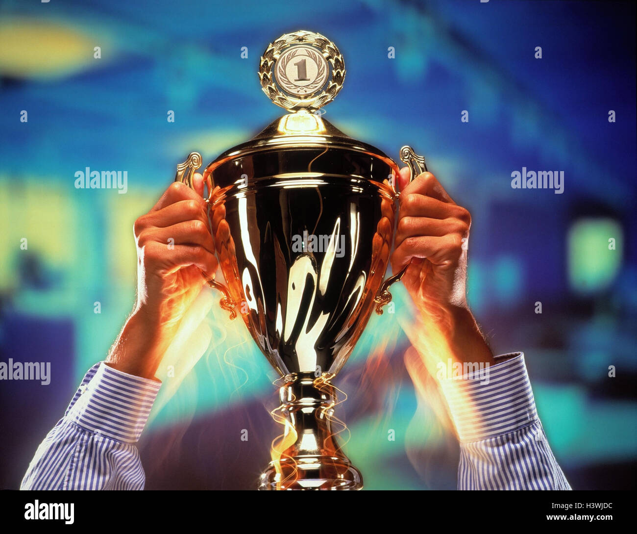 Man, detail, hands, cup, hold, makes unfamiliar first, winner, winner, price, victory price, sports price, award, sports award, trophy, victory trophy Stock Photo