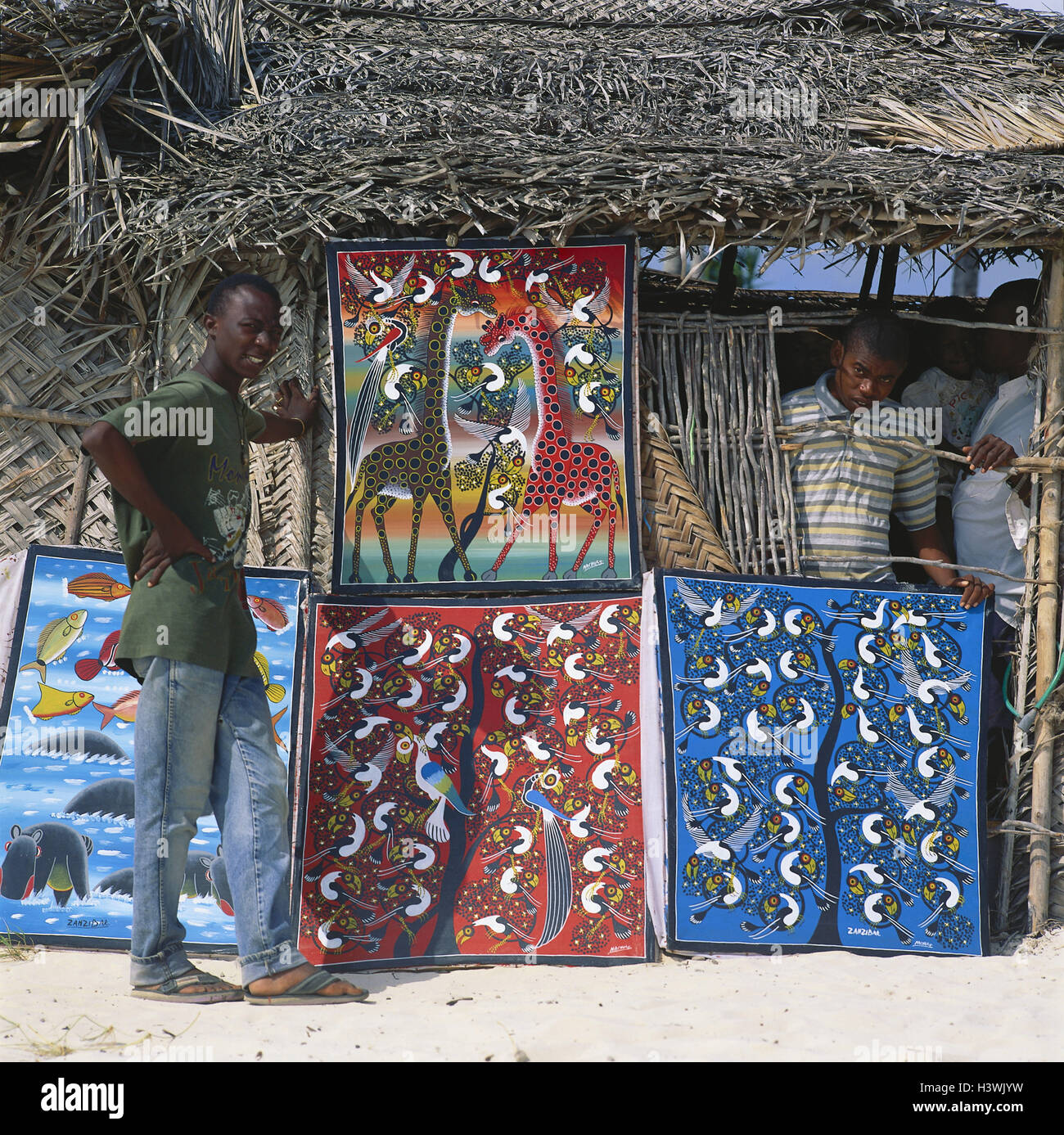 Tanzania, island Zanzibar, Kiwenga, men, sales, batik cloths, East