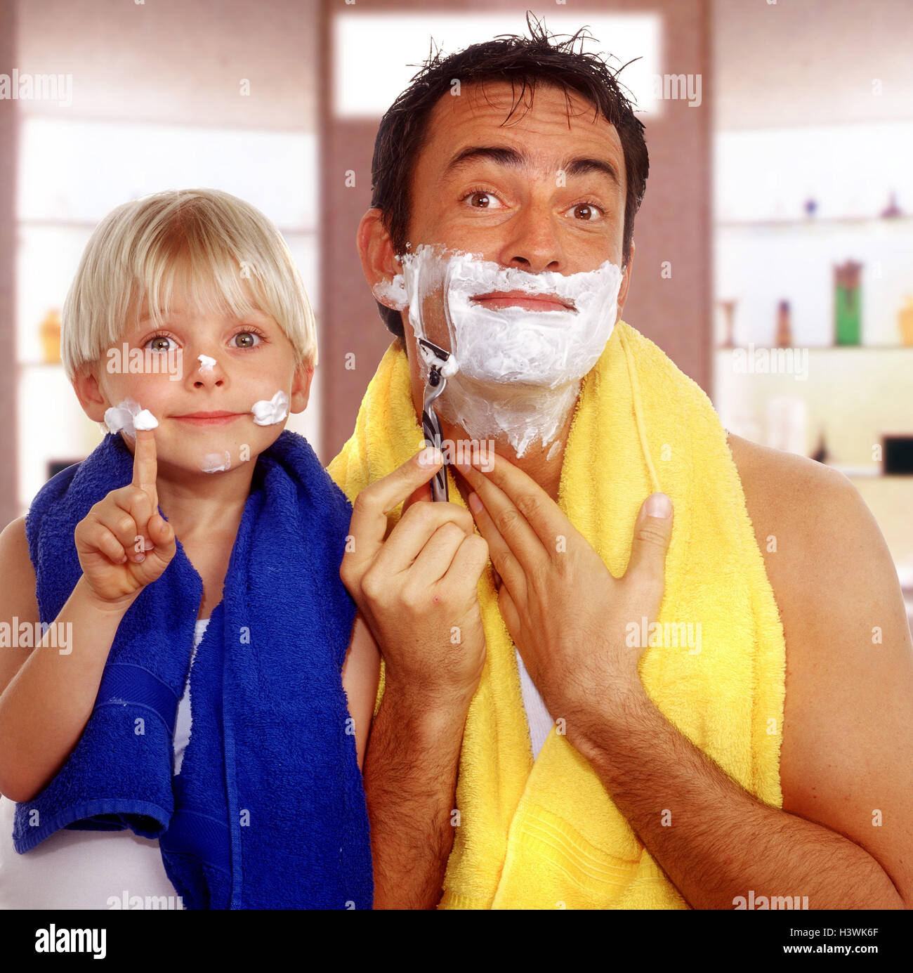 Son, father, shave, shavingfoam, gesture, Families, bath, bathroom