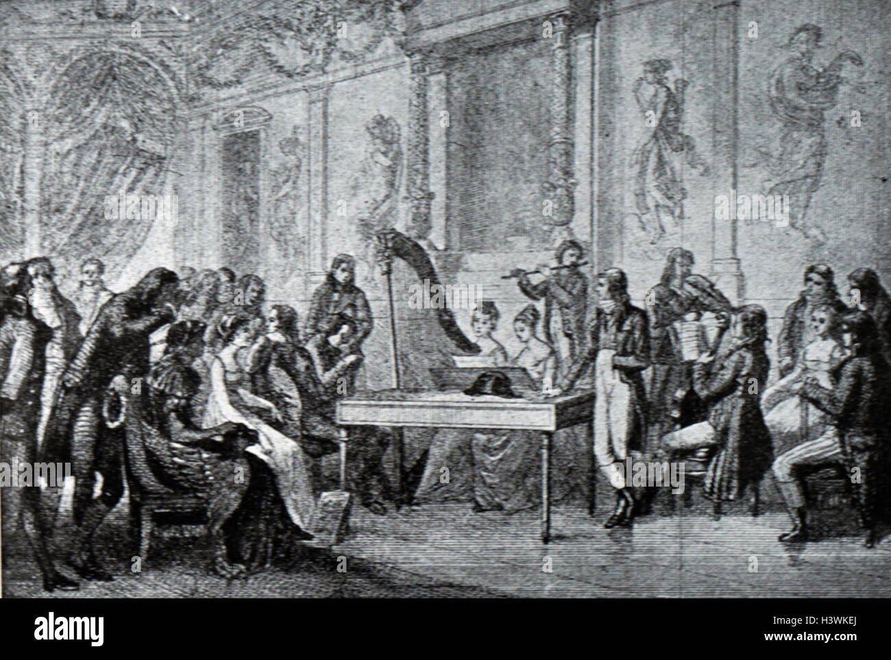 Engraving depicting a classical music performance inside someone's home. Dated 18th Century Stock Photo