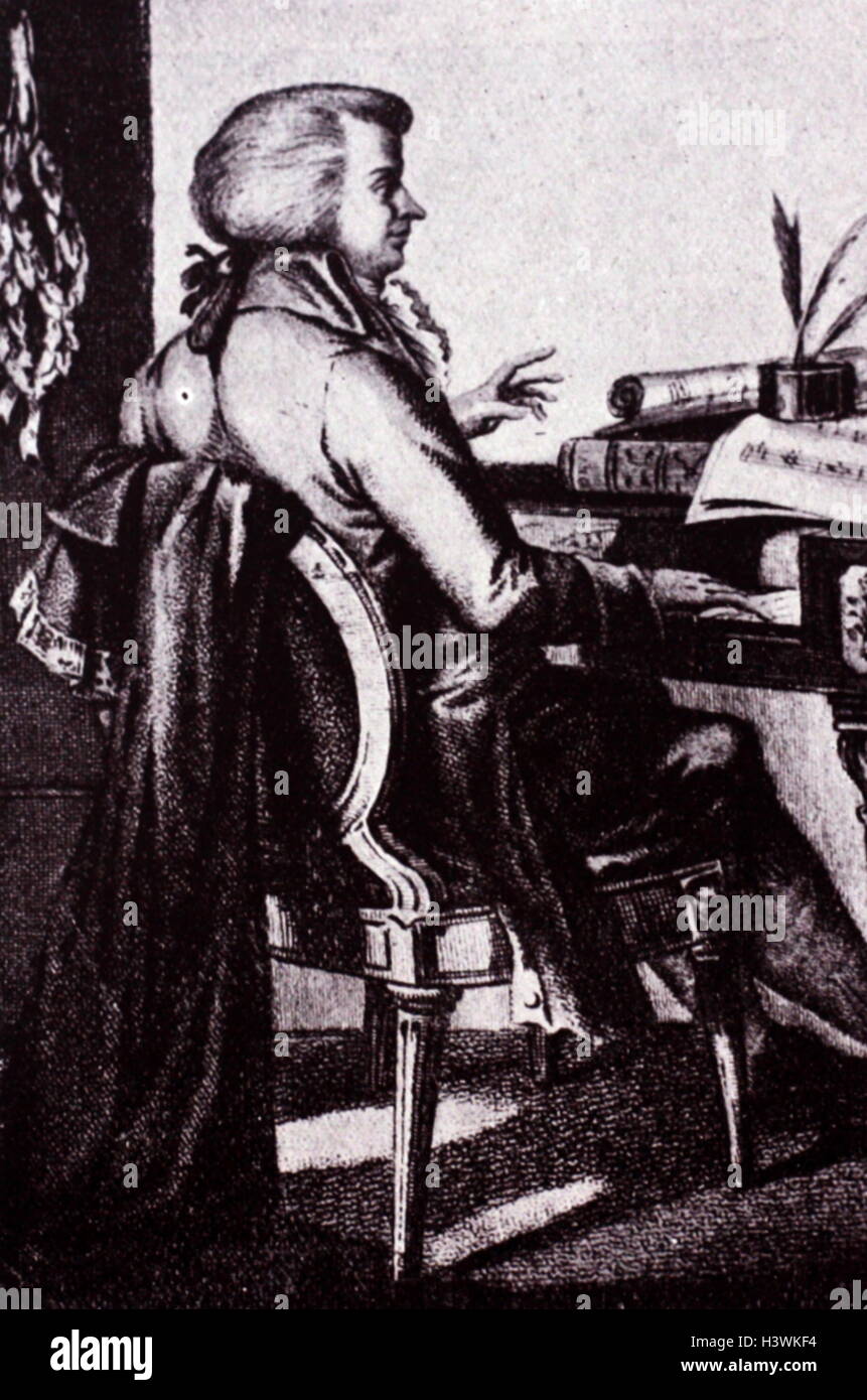 Illustration depicting Wolfgang Amadeus Mozart (1756-1791) an Austrian composer of the classical era, at his piano. Dated 18th Century Stock Photo