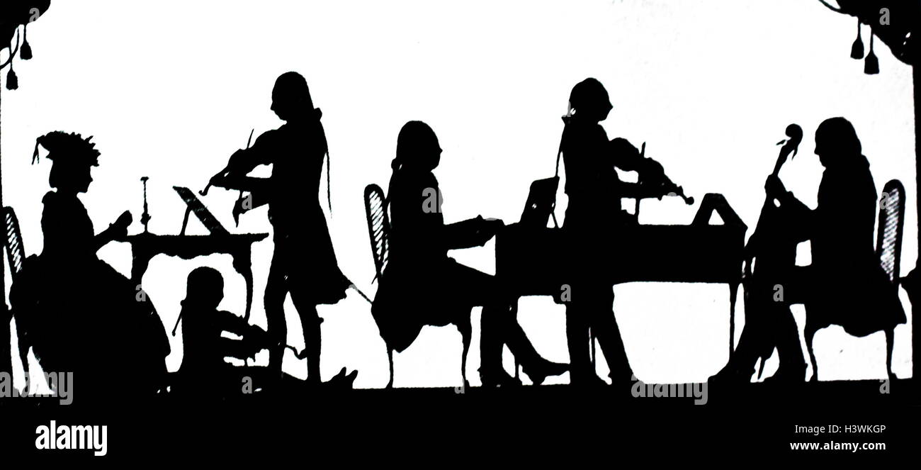 Silhouette depicting musicians playing a variety of instruments. Dated 18th Century Stock Photo