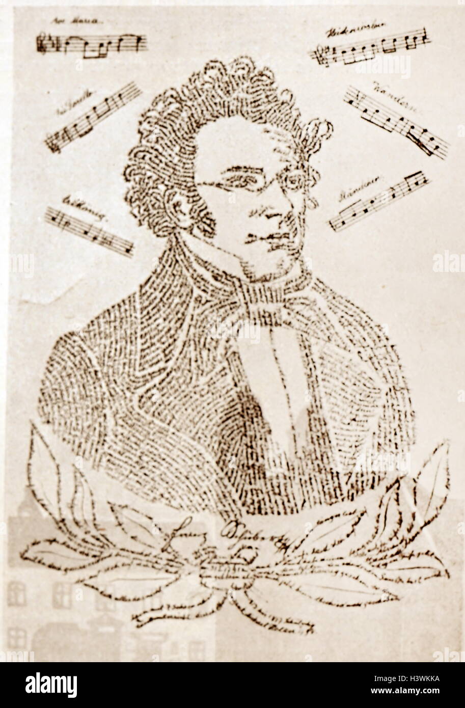 Calligraphic portrait of Franz Schubert (1797-1828) an Austrian composer, consisting of the biography and bibliography. Dated 19th Century Stock Photo
