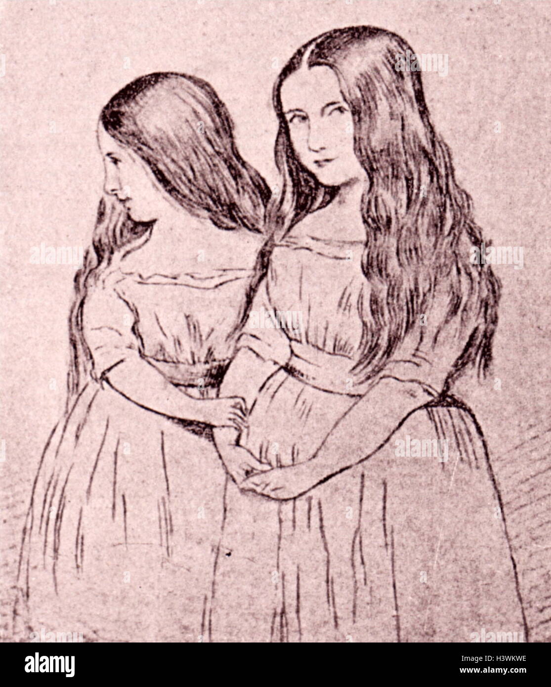 Cosima and Blandine Liszt, daughters of Franz Liszt a prolific 19th-century Hungarian composer. Drawing by Hemri Lehmann Stock Photo