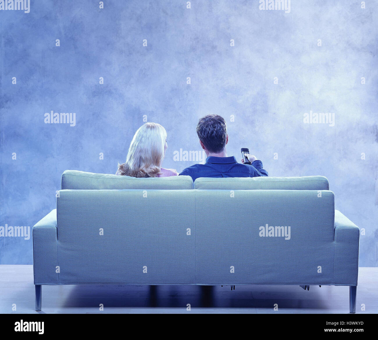 Sofa, couple, television, back view, young, man, remote control, program, television programme