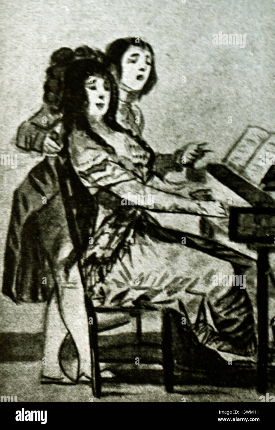 Charcoal sketch of a woman playing a piano by Francisco Jose de Goya y Lucientes (1746-1828) a Spanish romantic painter and printmaker. Dated 19th Century Stock Photo