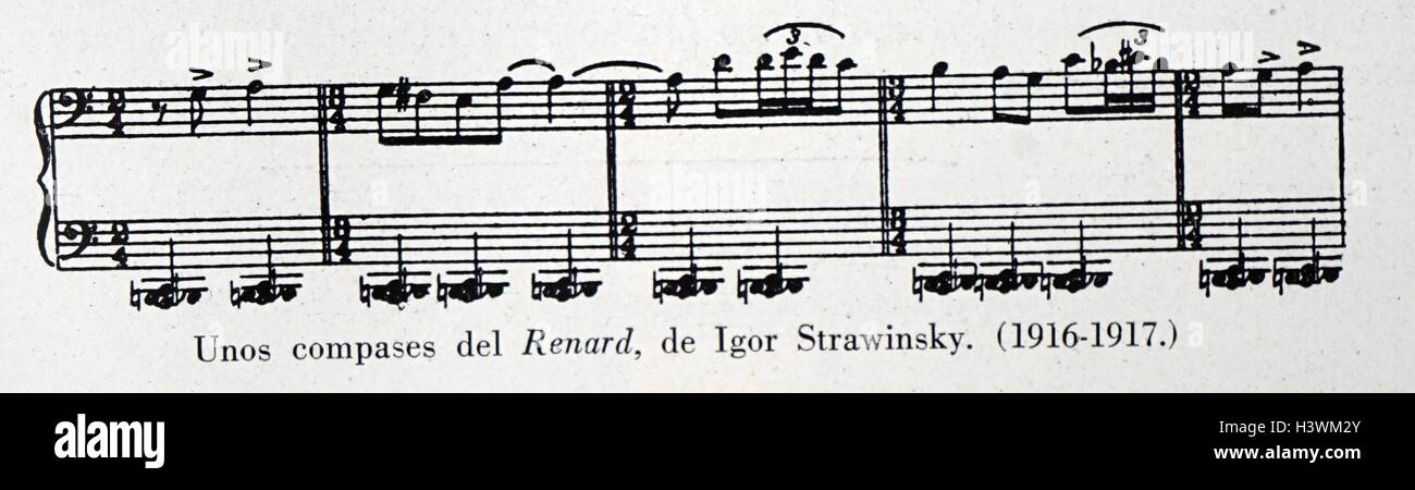 Sheet music for Renard by Igor Stravinsky (1882-1971) a Russian composer, Pianist, and Conductor. Dated 20th Century Stock Photo