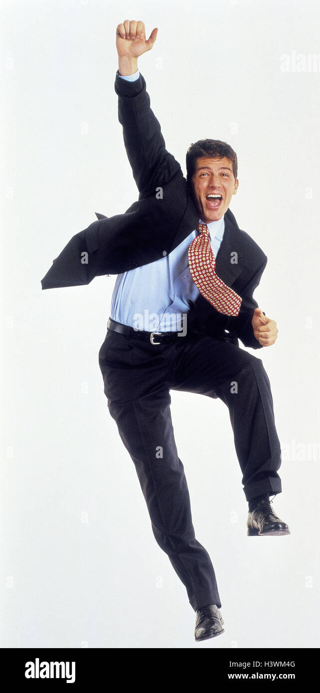 Businessman, caper, gesture, joy, success, professions, cut out, studio, swing, vigour, enthusiasm, enthusiastically, man, joy life, successfully, crack, jump, happy, manager, melted, Stock Photo