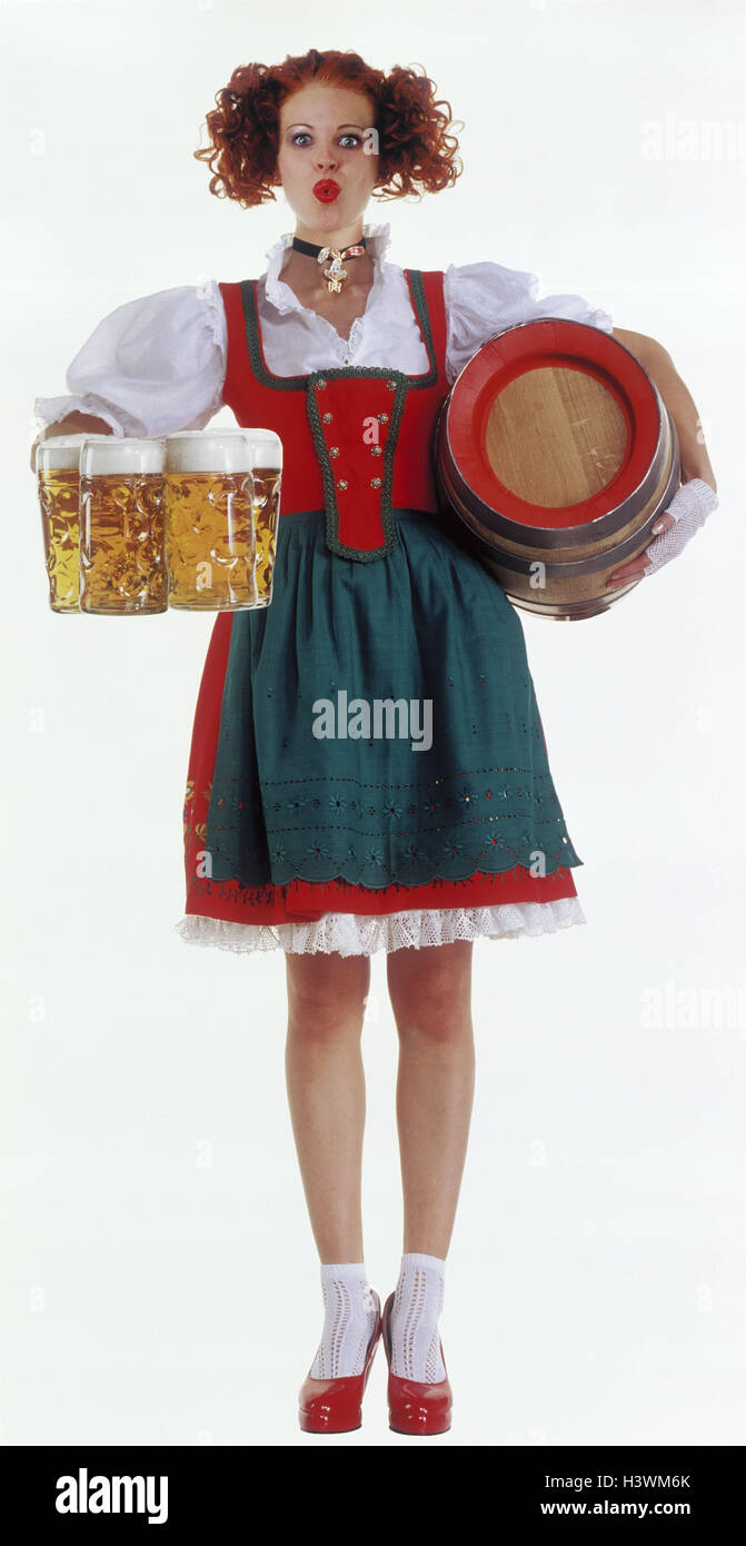 Woman, young, dirndl, beer mugs, beer barrel, carry, facial play, kiss mouth women, beer tent, service, waitress, national costume, studio, cut out, beer mug, beer mugs, wooden barrel, Stock Photo