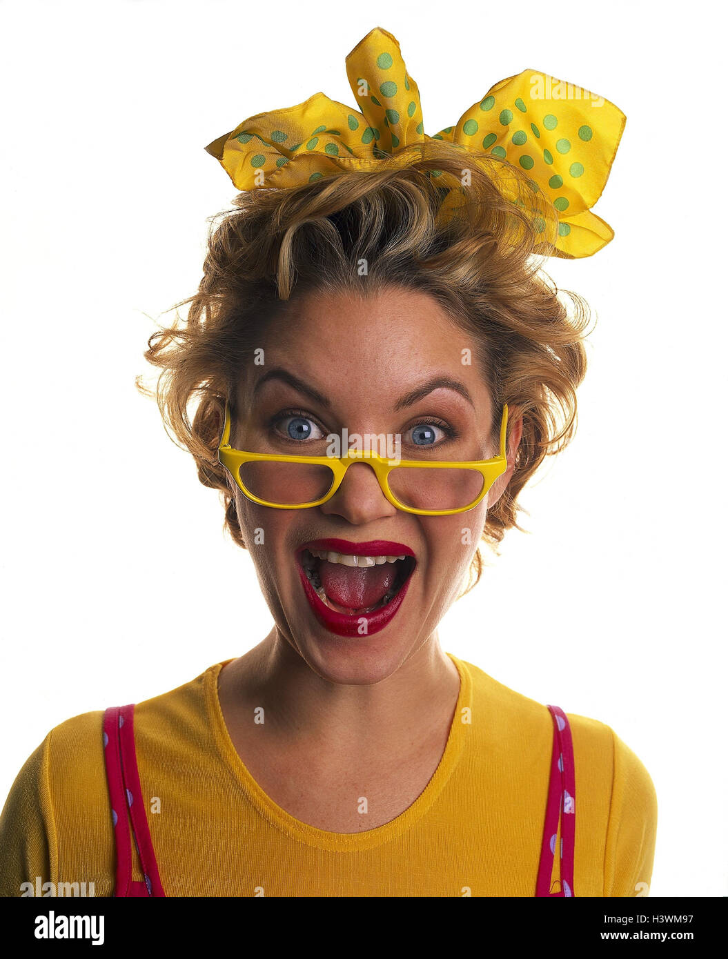 Woman, young, glasses, clothes, brightly, facial play, enthusiastically, portrait, women, studio, cut out, enthusiasm, colorfully, joy, glad, shrill, Stock Photo