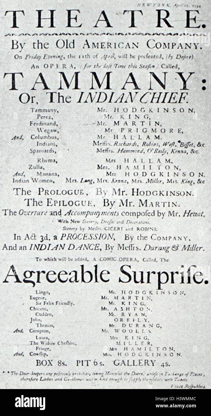 Poster for an opera with Spanish characters, including in Perez, in the Theater of New York. Dated 18th Century Stock Photo