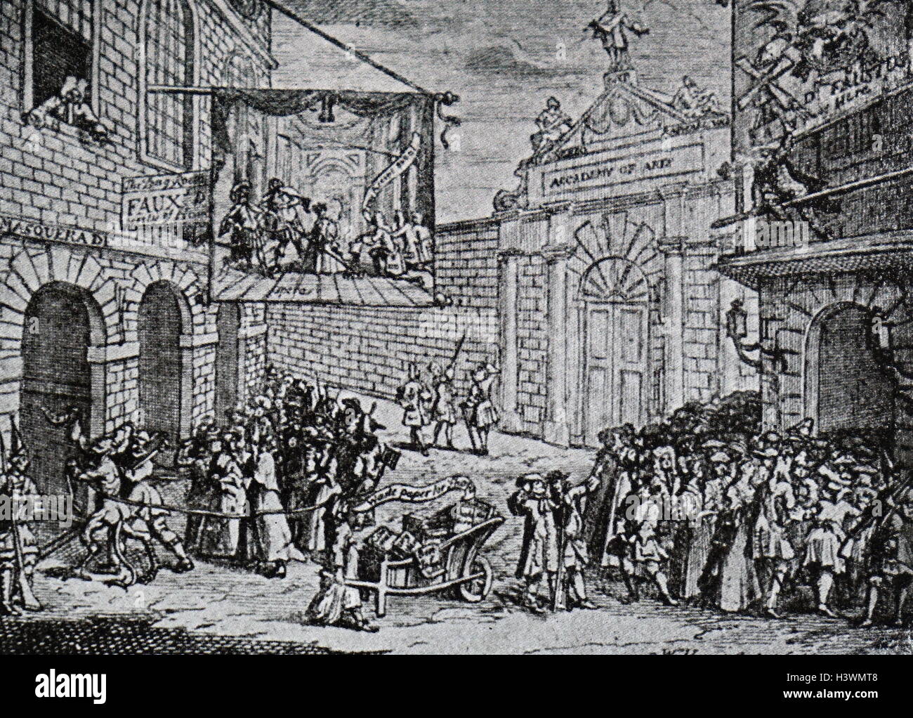 Engraving depicting a masquerade, a precursor Opera show.  Dated 18th Century Stock Photo