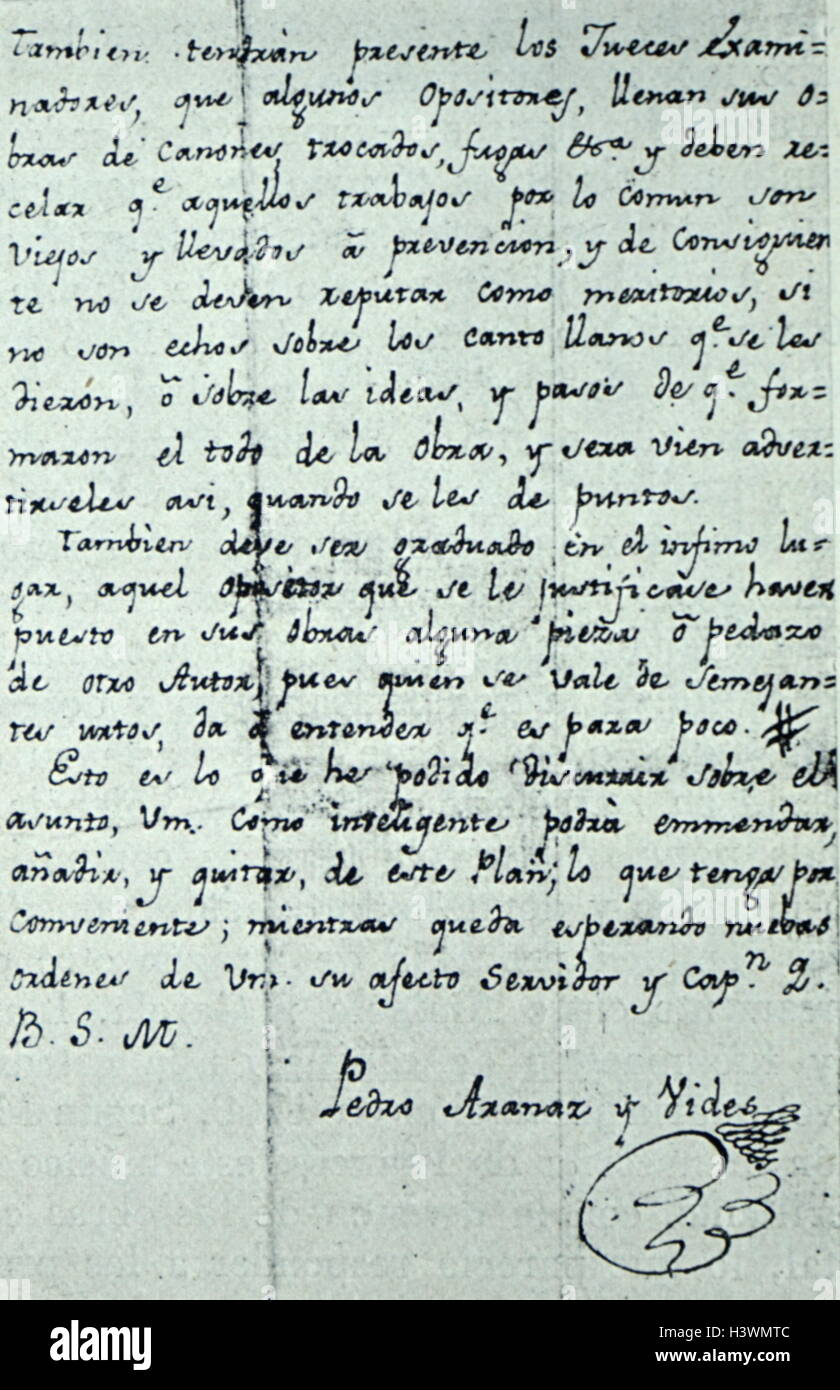 Handwritten letter by Pedro Aranaz (1742-1821) a Spanish composer. Dated 19th Century Stock Photo