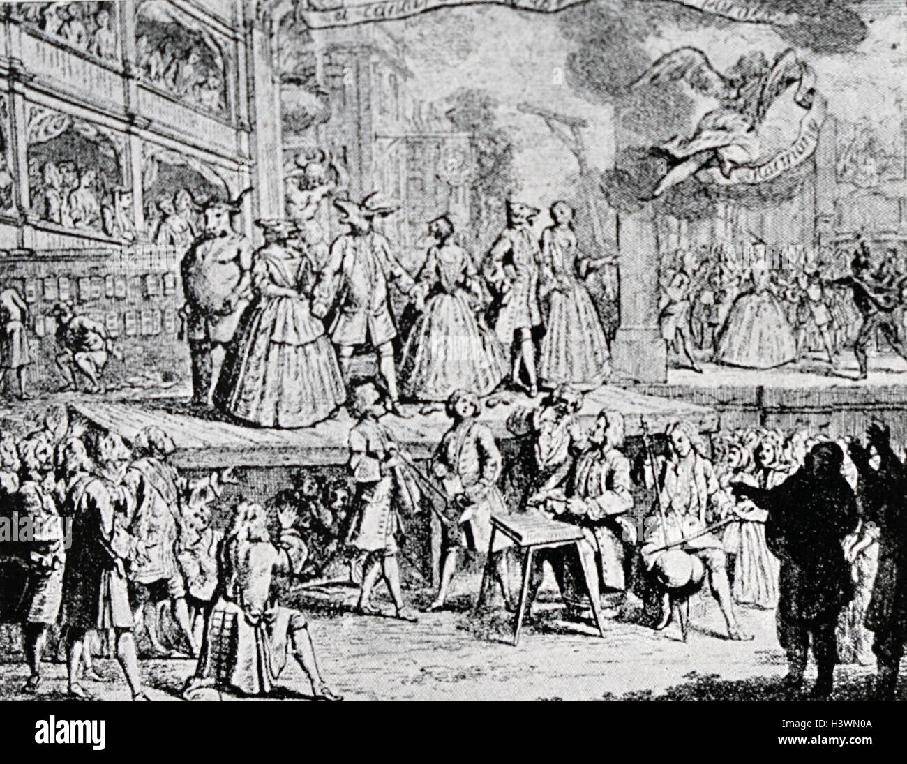 Engraving depicting a Beggar's Opera staged in London. Dated 18th Century Stock Photo