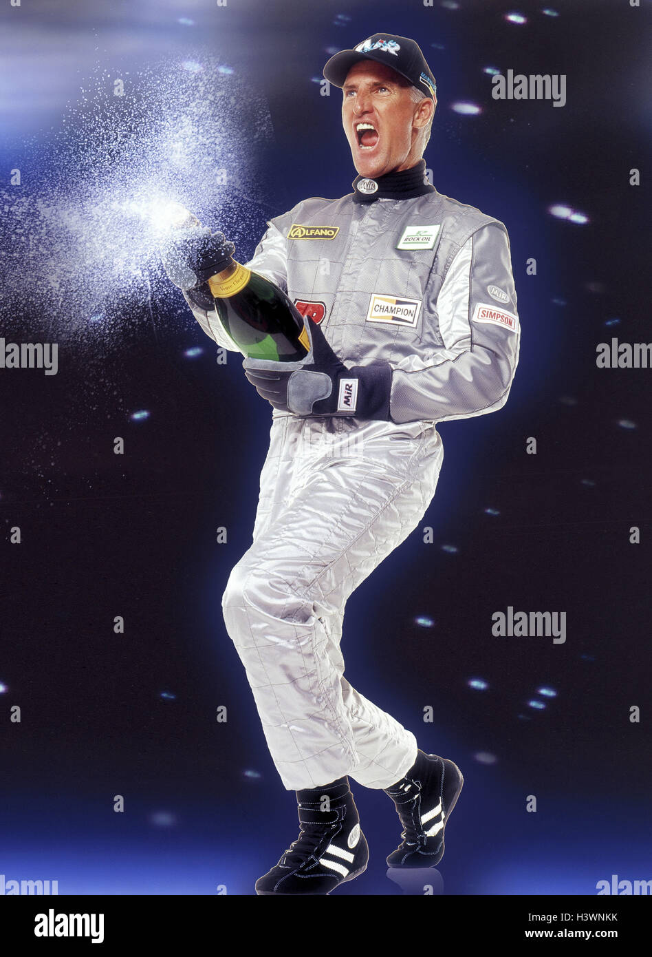 Motor sport, racing driver, overall, silver, champagne Bottle, cheering, victory, success sport, racing sport, man, racing suit, gloves, cap, winner, first, Sparkling Wine, joy, triumph, rejoice, please, triumph, celebrate, victory celebration, champagne douche, studio, Stock Photo
