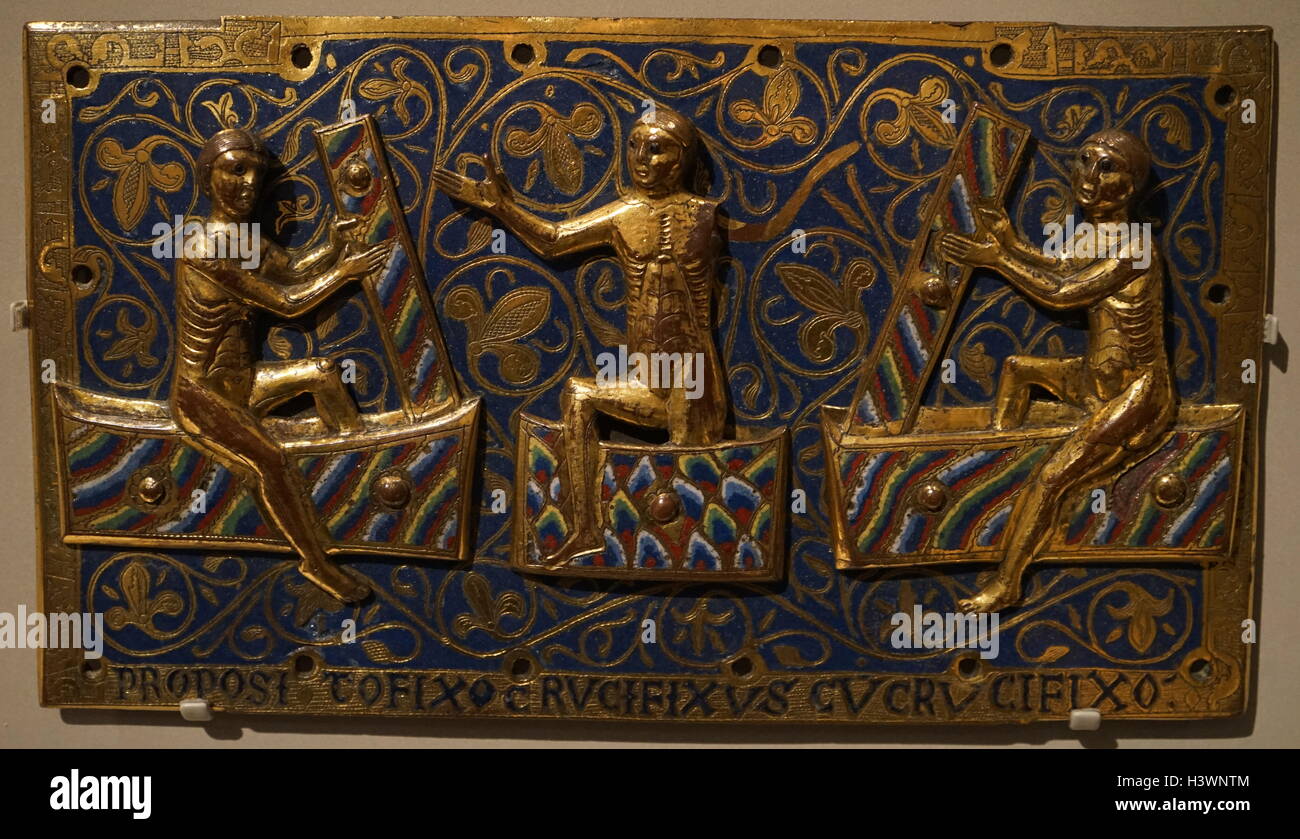 Gilded copper plaque depicting the resurrection of the dead. Dated 13th Century Stock Photo