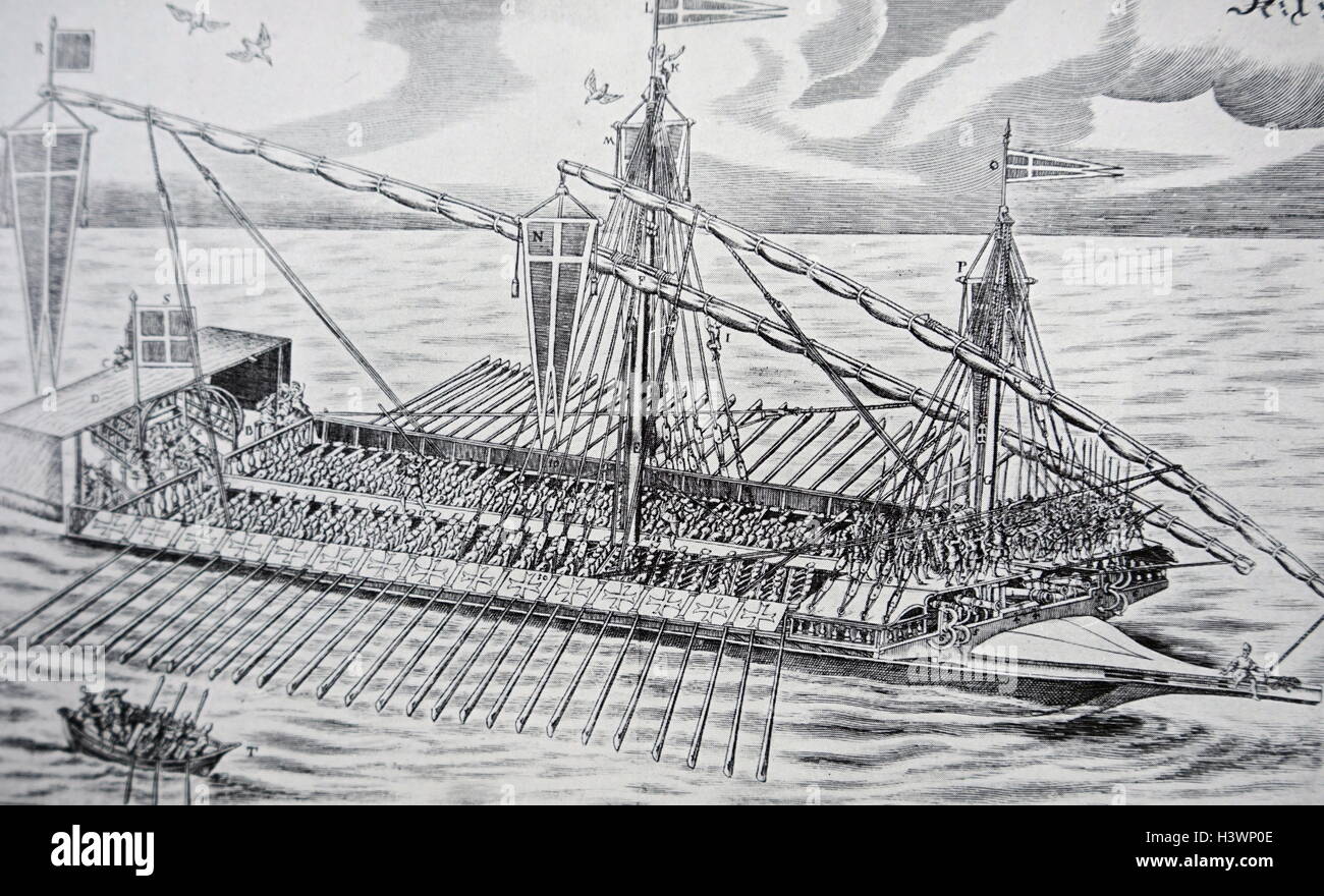 Engraving depicting a Galley by Joseph Furttenbach (1591-1667) a German architect, mathematician, engineer and diarist. Dated 17th Century Stock Photo