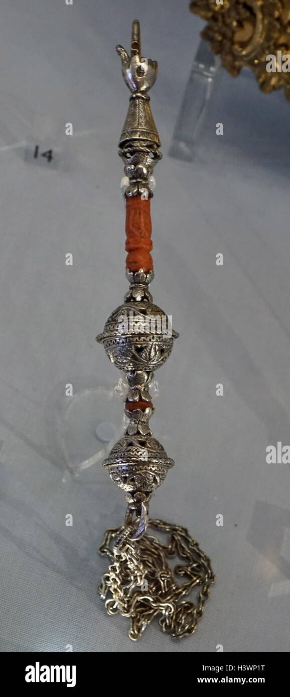 Silver gilt yad (pointer) used to read a sacred text of the Torah. Dated 18th Century Stock Photo