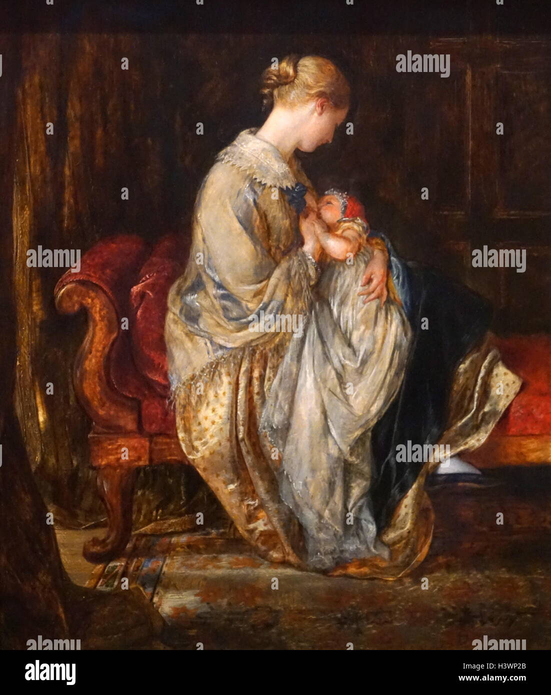 Painting titled 'The Young Mother' by Charles West Cope (1811-1890) English Victorian era painter of genre and history scenes and etcher. Dated 19th Century Stock Photo