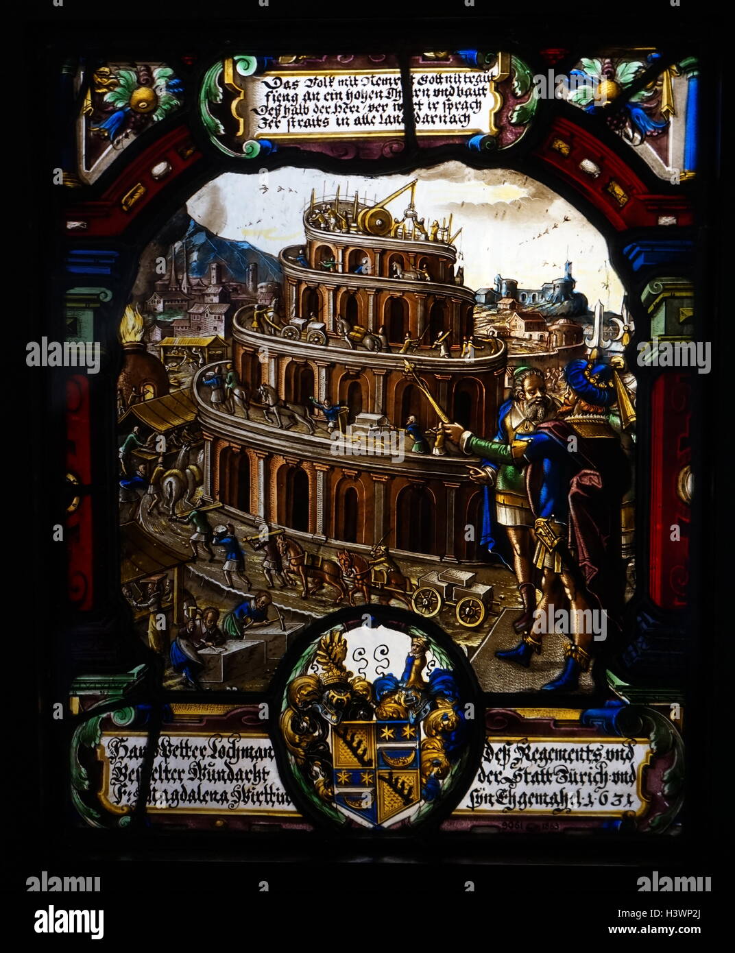Stained glass window depicting Saint Paul converting to Christianity after he was struck down on his way to Damascus. Dated 17th Century Stock Photo