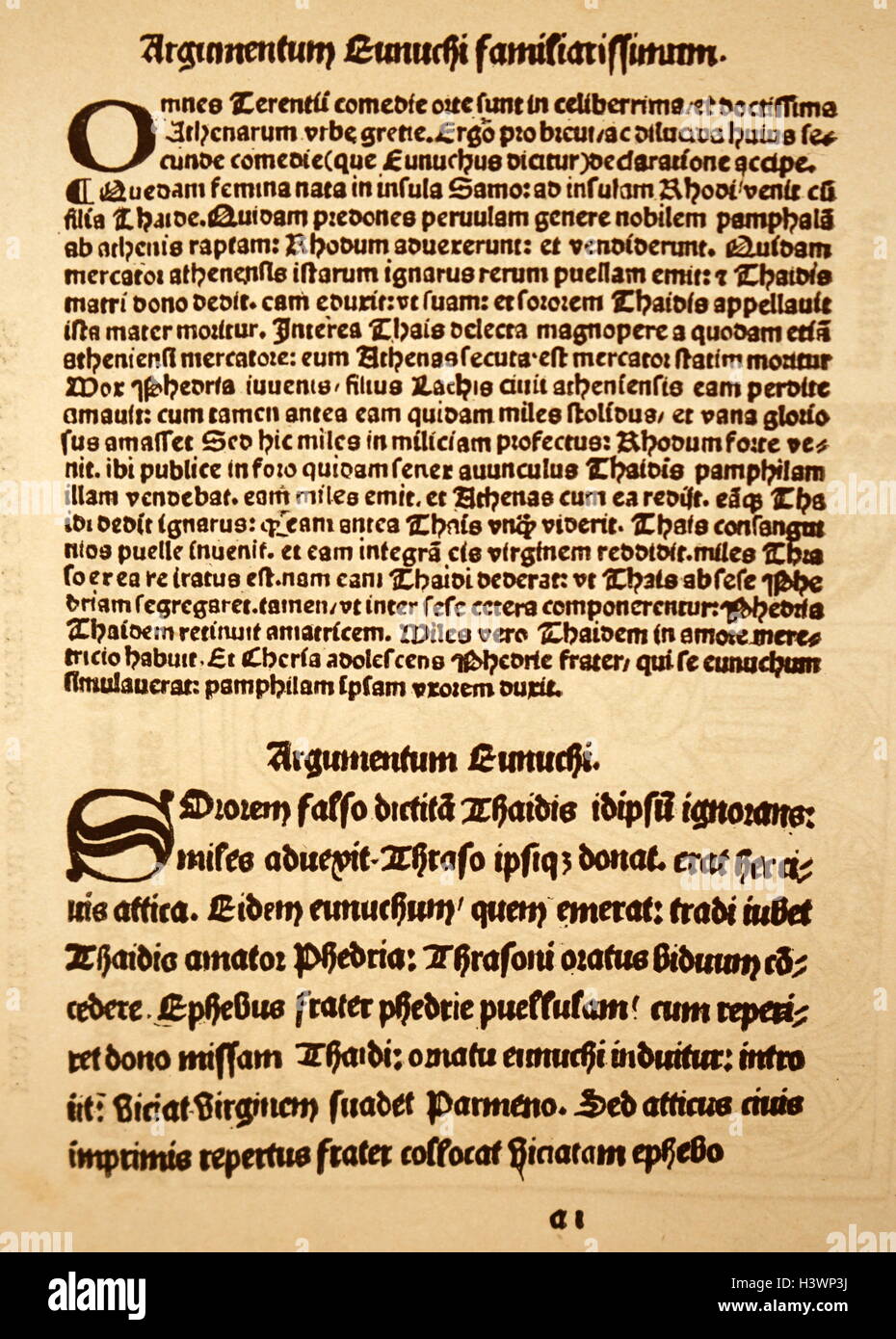 Specimen from the comedies of Terence printed by Richard Pynson (1448-1529) one of the first printers of English books. Dated 15th Century Stock Photo