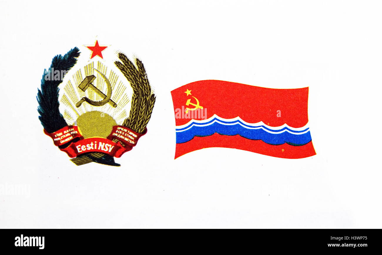 The flag of the Estonian Soviet Socialist Republic and Emblem. The Latvian Soviet Socialist Republic, established during World War II as a puppet state under the Soviet Union. Dated 20th Century Stock Photo