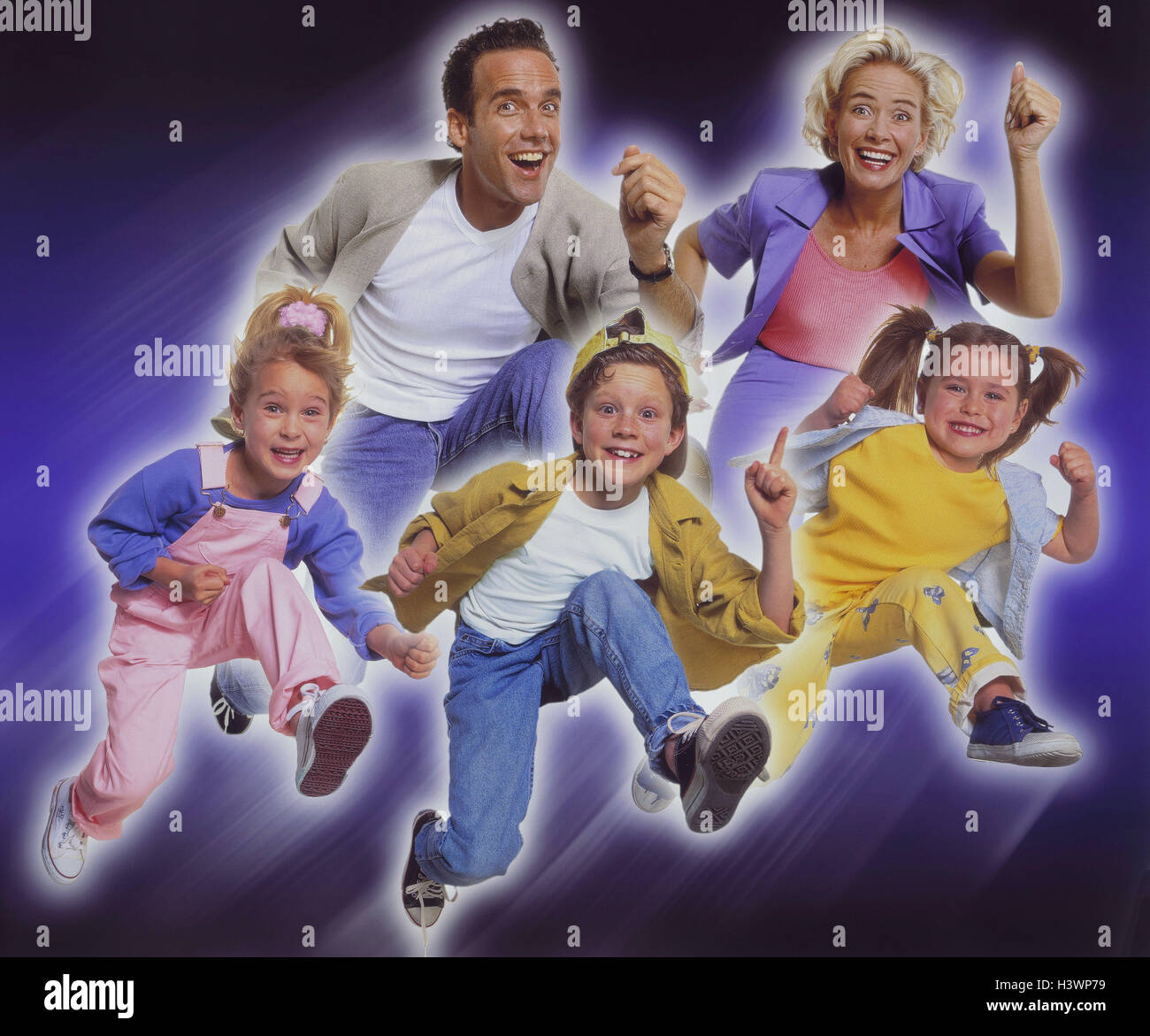 Family, leisurewear, caper, gesture, enthusiasm studio, crack, jump, laugh melted, haste, Beeilung, Having, Joy, fun, joy life, parents, children, three, boy, girl, son subsidiaries, cheerfulness, dynamics, happy, amusement Stock Photo