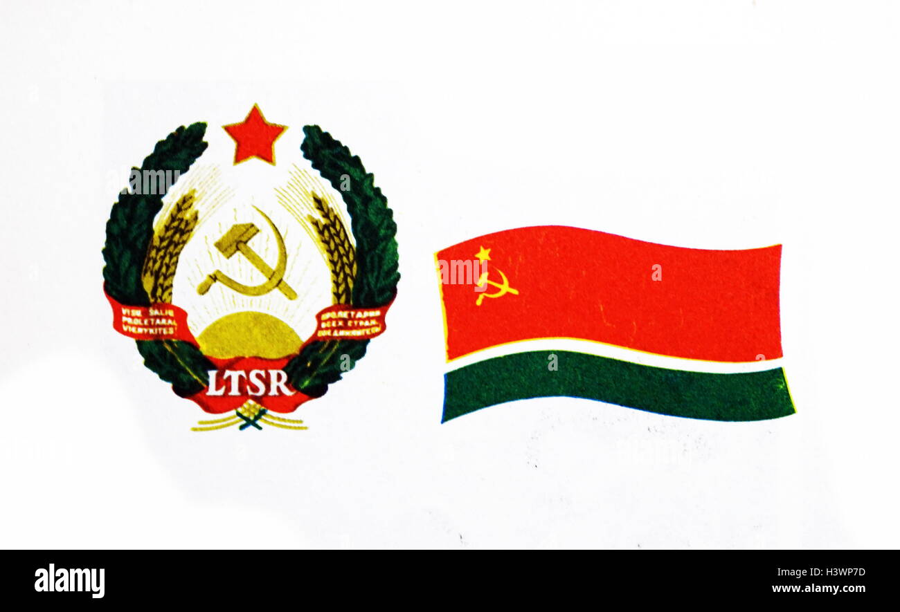 The flag of the Lithuanian Soviet Socialist Republic and Emblem . The Latvian Soviet Socialist Republic, established during World War II as a puppet state under the Soviet Union. Dated 20th Century Stock Photo
