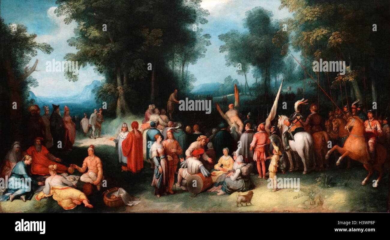 Painting titled 'The Preaching of Saint John the Baptist' by Cornelis van Haarlem (1562-1638) a Dutch Golden Age painter and draughtsman. Dated 17th Century Stock Photo