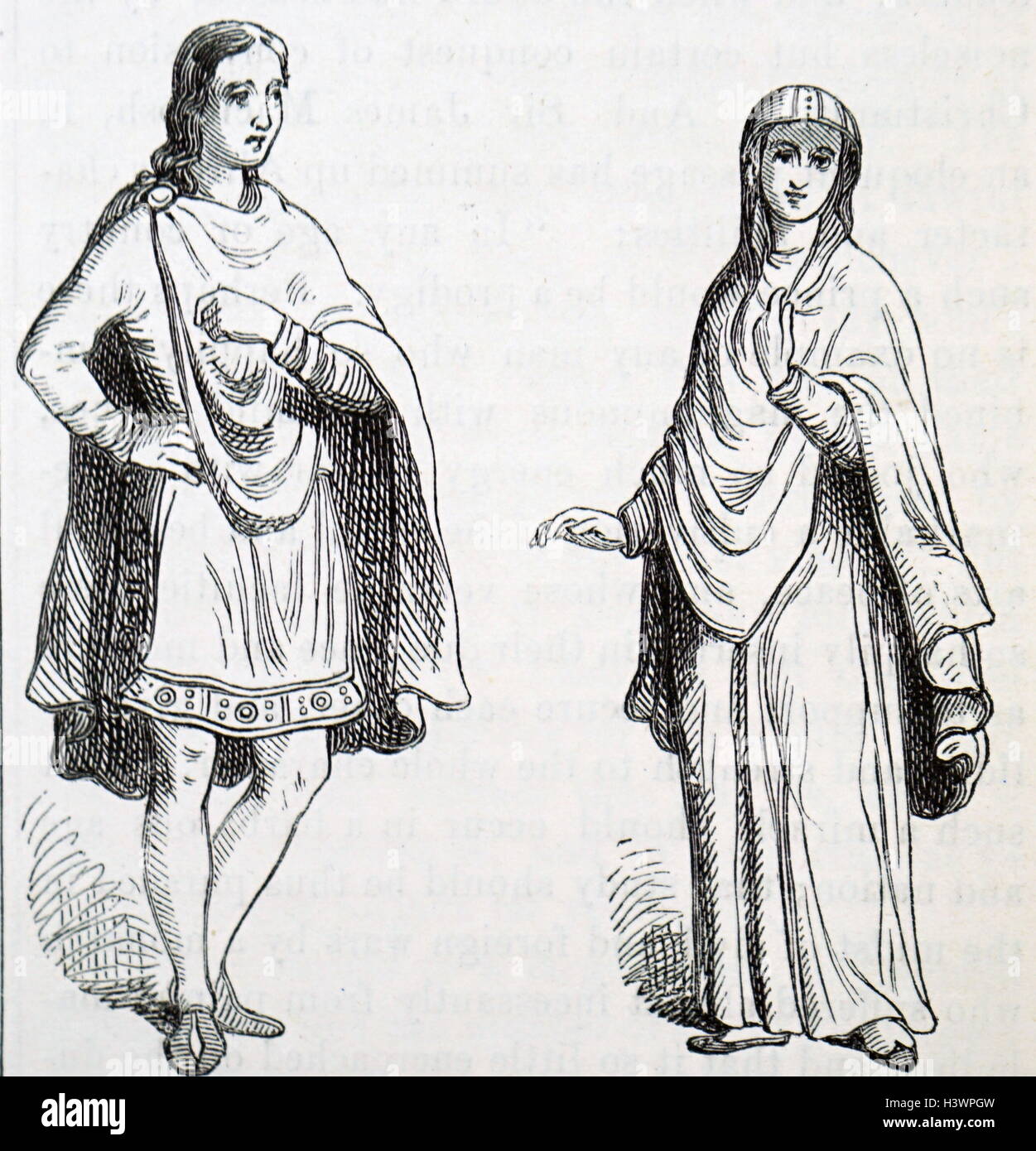 Engraving depicting typical fashion of a male and female Anglo-Saxon. Dated 5th Century Stock Photo
