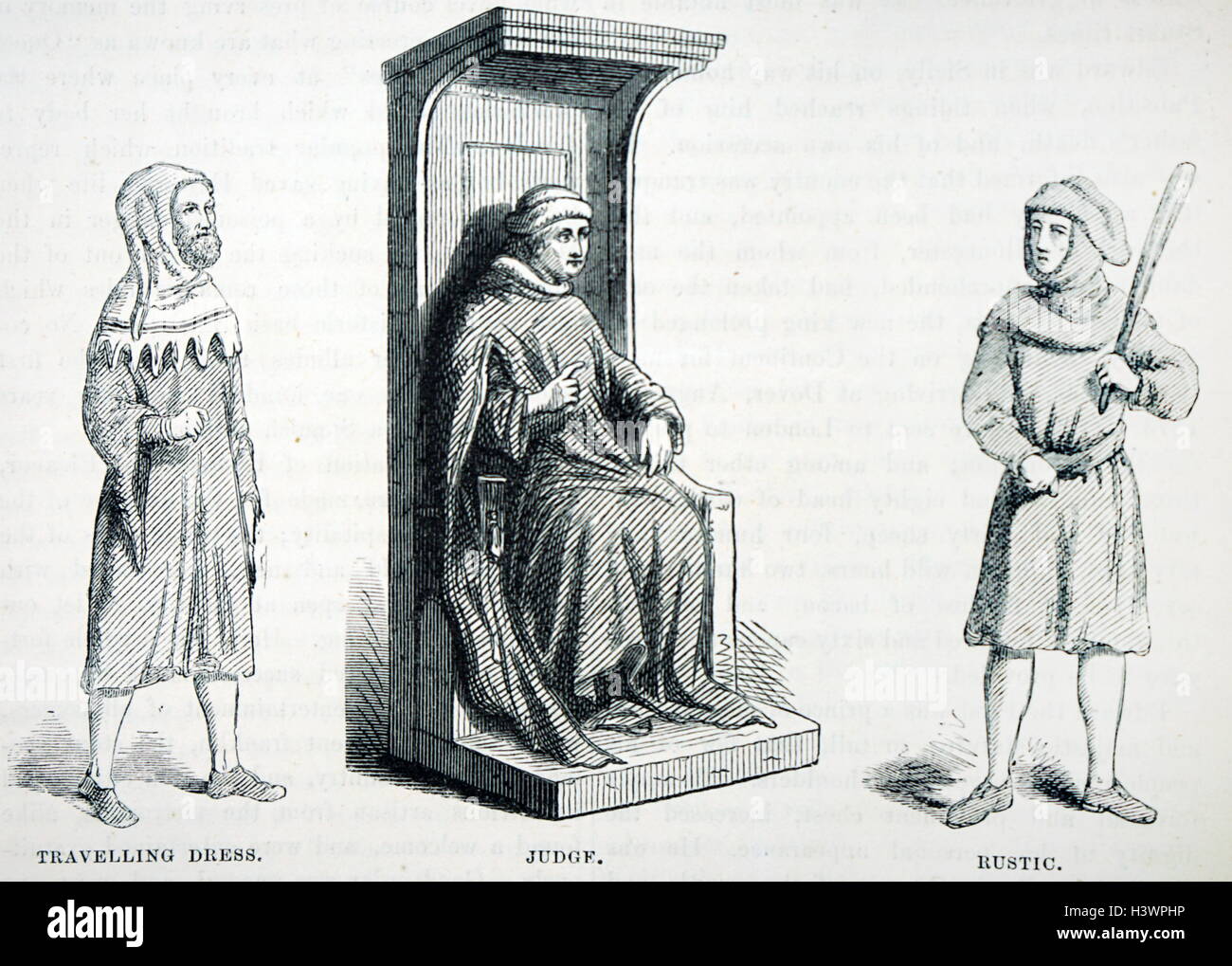 Examples of fashion during 1600s in England. Left to Right: Travelling Dress, Judge and Rustic. Dated 17th Century Stock Photo