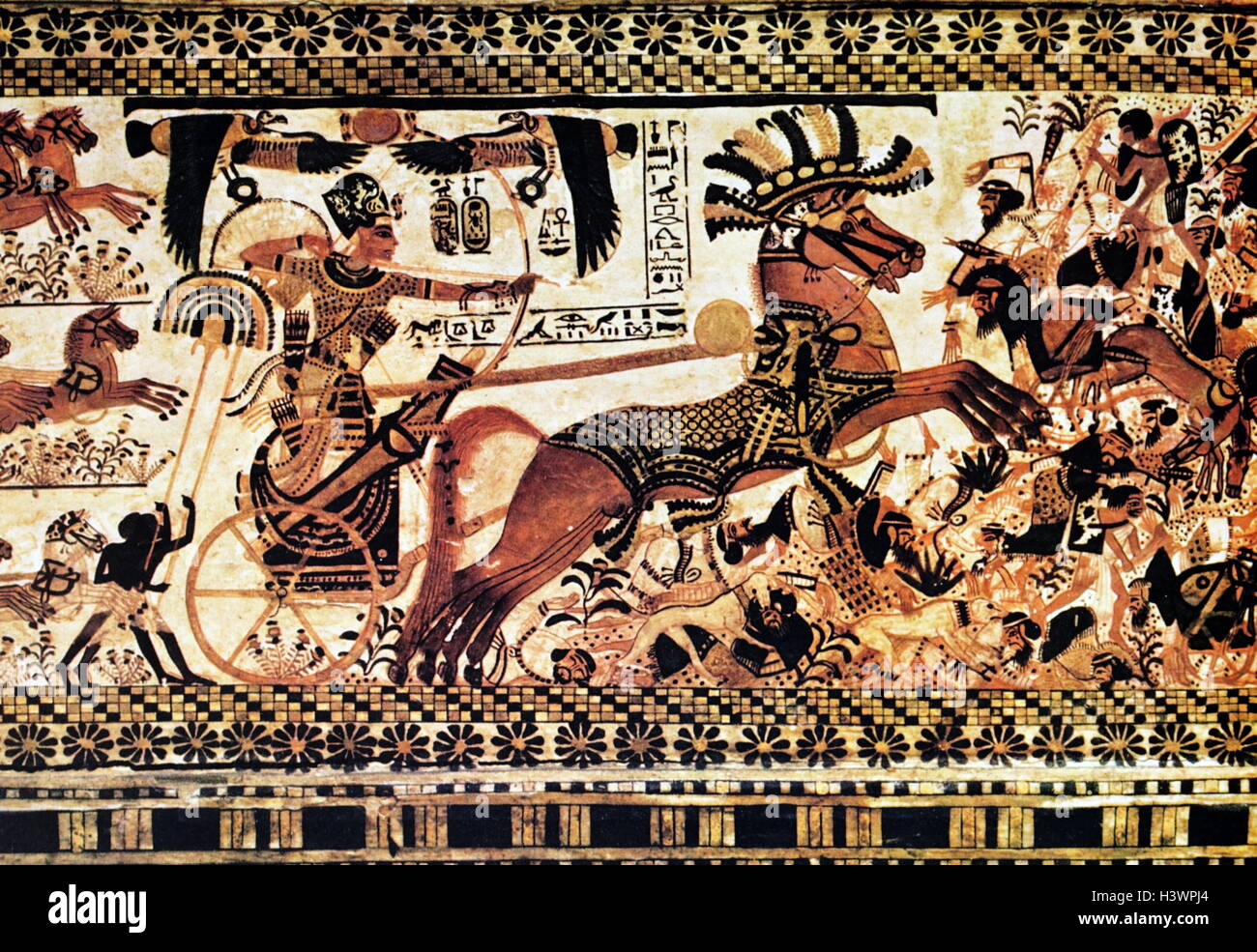 Egyptian tomb wall painting depicting a battle scene, Thebes, Luxor. Dated 11th Century BC Stock Photo