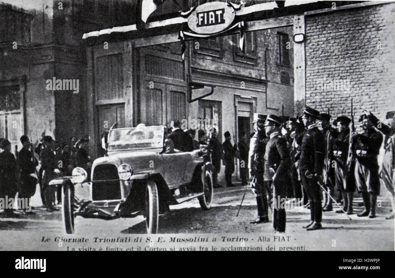 Photograph of a Fiat automobile that was gifted to Benito Mussolini (1883-1945) an Italian politician, dictator, and journalist, with his gifted Fiat automobile. Dated 20th Century Stock Photo