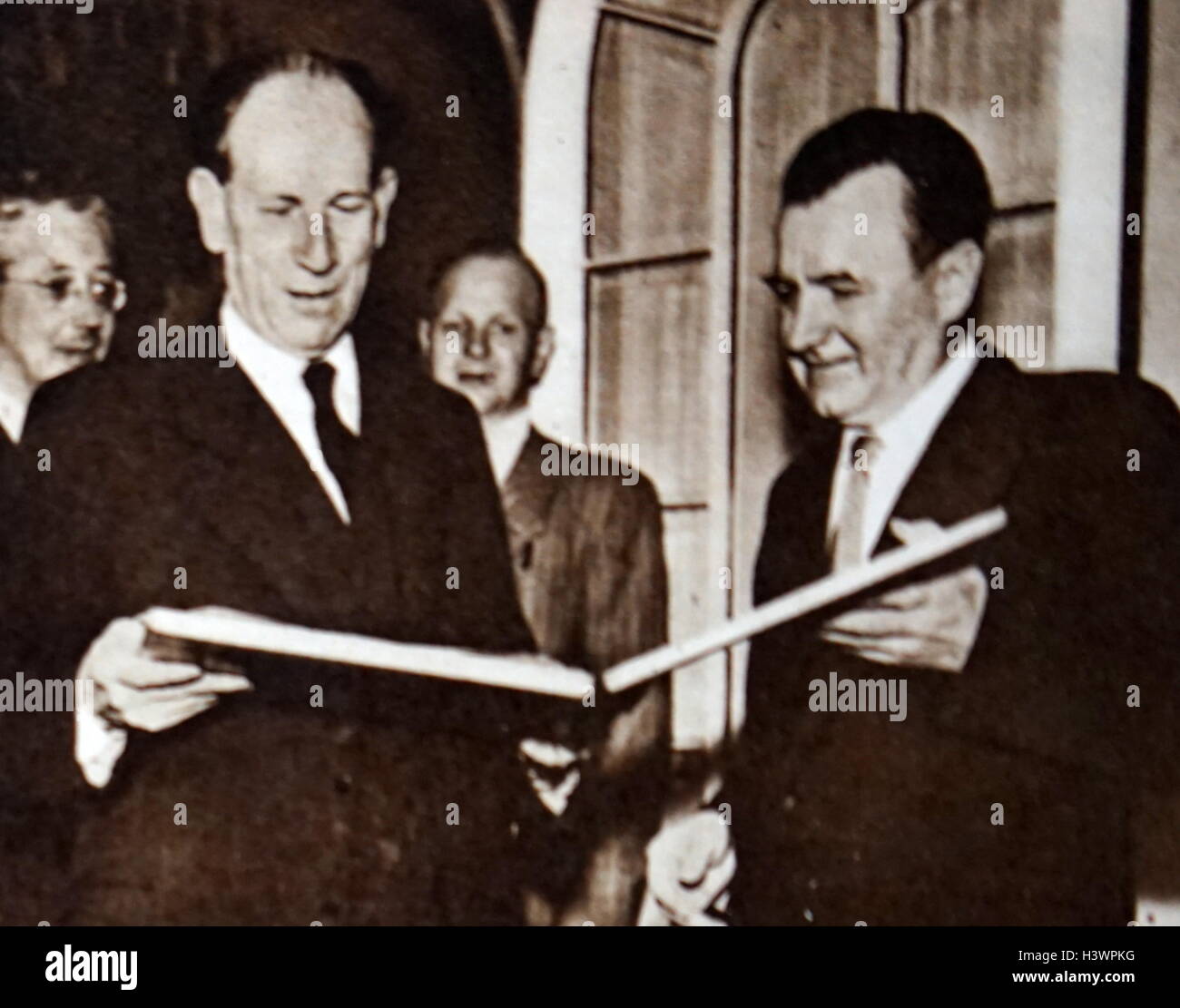 Photograph of Klement Gottwald (1896-1953) Prime Minister of Czechoslovakia and Antonín Zápotocký (1884-1957) President of Czechoslovakia. Dated 20th Century Stock Photo