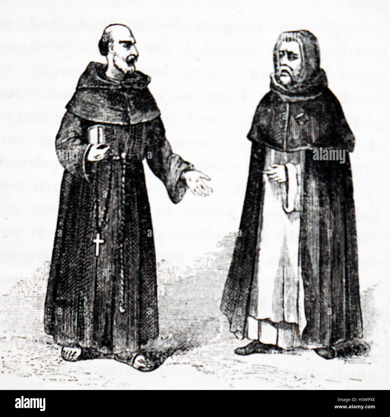 Engraving of a Franciscan and Dominican Monks both belonging to different Christian religious orders. Dated 15th Century Stock Photo