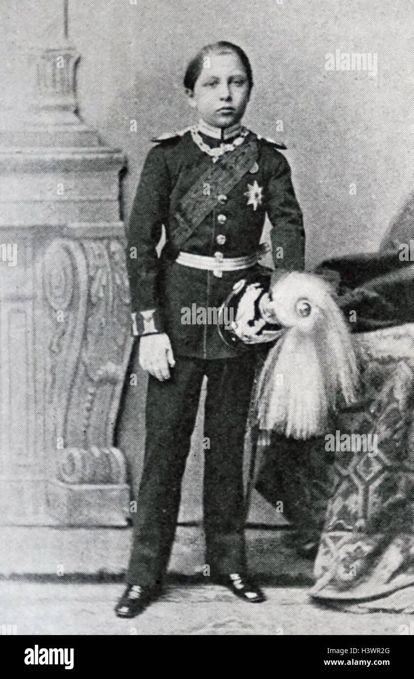 Photographic portrait of Wilhelm II, German Emperor (1859-1941) at age 10 in the uniform of the 1st Regiment of Foot Guards. Dated 19th Century Stock Photo