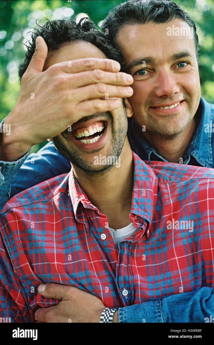Men, friendship, fun, embrace, eyes, head straight, portrait, man's friendship, friends, partners, partnership, same-sexually, homosexual, homoeroticism, homosexual, happy, melted, surprise, surprise, summer, outside Stock Photo