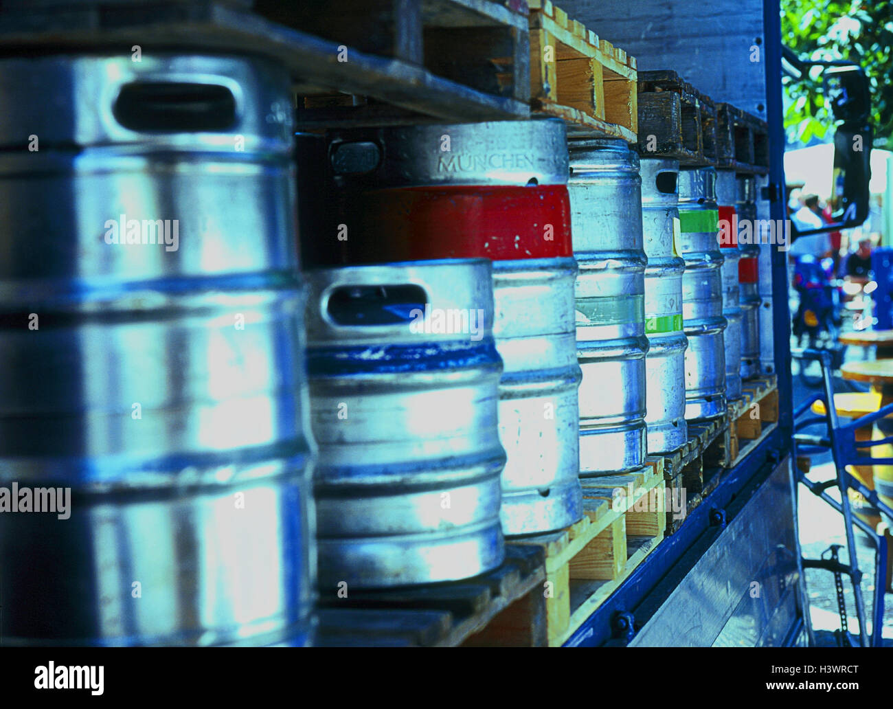 Truck, detail, loading area, beer barrels, outside, delivery vans, vices, trucks, beer supplier, charge, discharge, beer, deliver, beer delivery, aluminium beer barrels Stock Photo