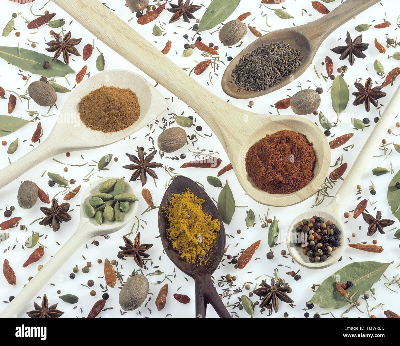 Wooden spoon, spices, differently, Still life, mustard seed, peppercorn, Kardamon, bay leaves, nutmeg, Stern's aniseed, chilli pods, curry, paprika, cinnamon, powder, ground, caraway, Würzmittel Stock Photo