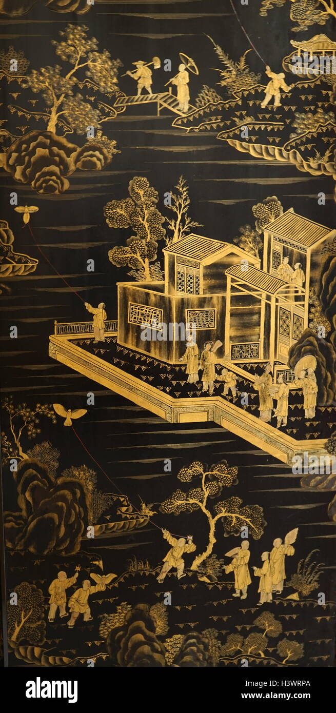 Chinese lacquered black and gold, 18th century screen Stock Photo
