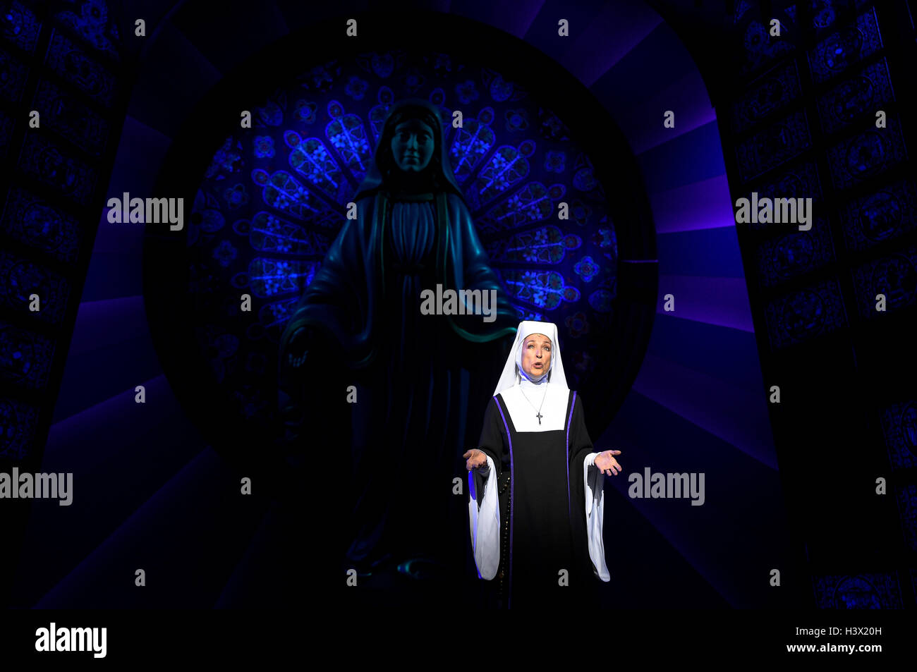 Berlin, Germany. 12th Oct, 2016. Daniela Ziegler (as Mother Superior) stands on stage during a photo rehearsal of the musical 'Sister Act' at Theater des Westens in Berlin, Germany, 12 October 2016. 'Sister Act - das himmlische Musical' premiers on 16 October 2016 and is planned to run until 28 Febraury 2016 at City West. PHOTO: RAINER JENSEN/dpa/Alamy Live News Stock Photo