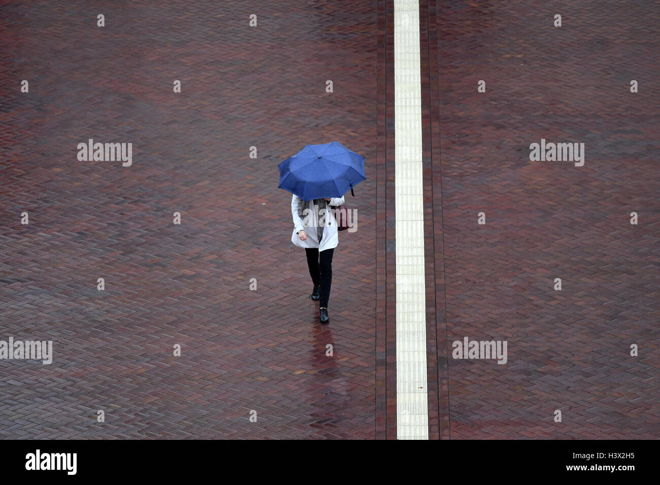 A woman with an umbrella walks through the inner courtyard of the city palace in rainy weather