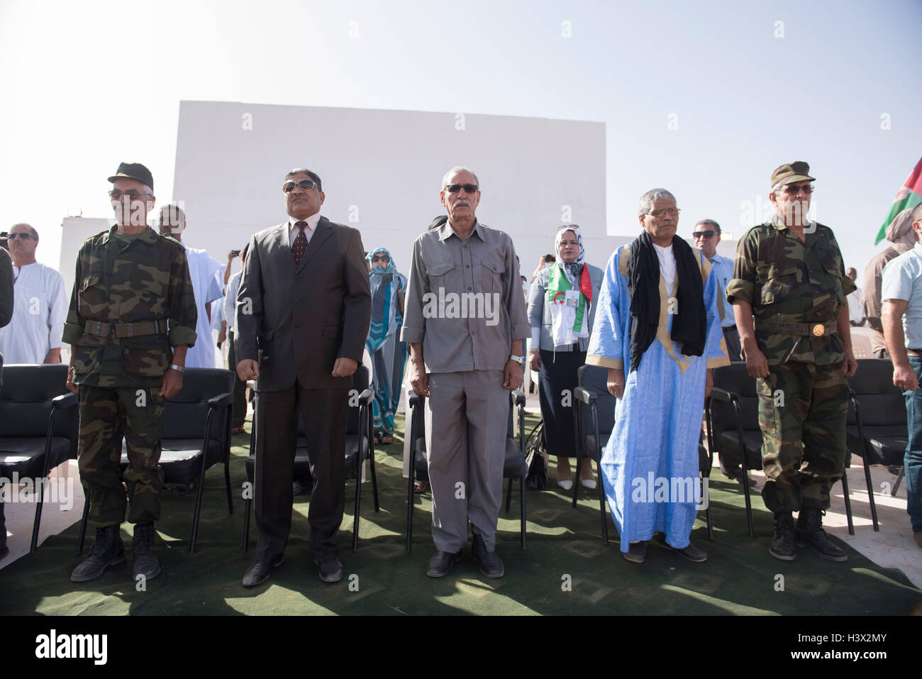 El nuevo presidente de la Republica Arabe Saharaui DemocrÃ¡tica y lÃder del Frente Polisario Brahim Gali en el Inauguration parade Fisahara 2016 and the day of the Saharawi Republic. Stock Photo